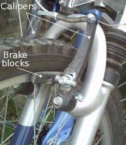 A closeup of bicycle brake blocks